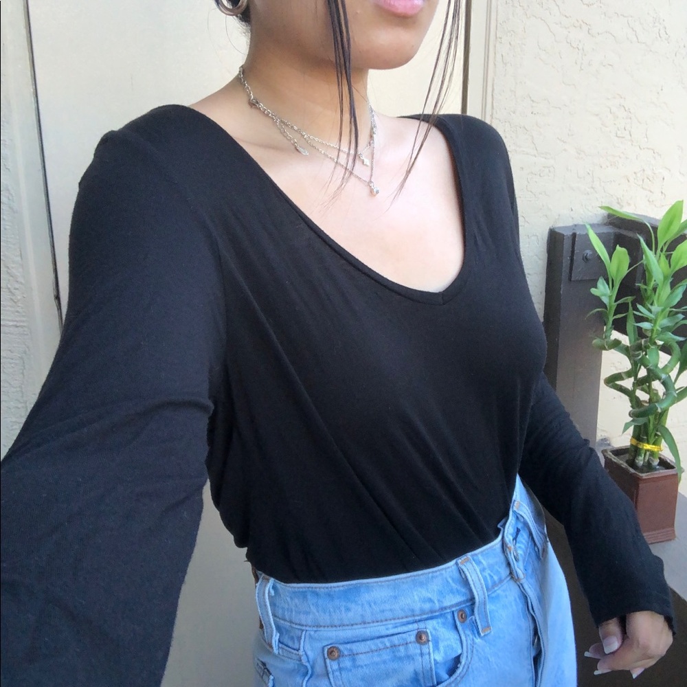 COTTON:On Black Open Neck Long Sleeve Top - Picture 2 of 5